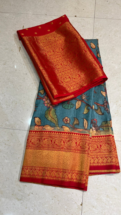 Blue semi mulberry saree with zari worked blouse