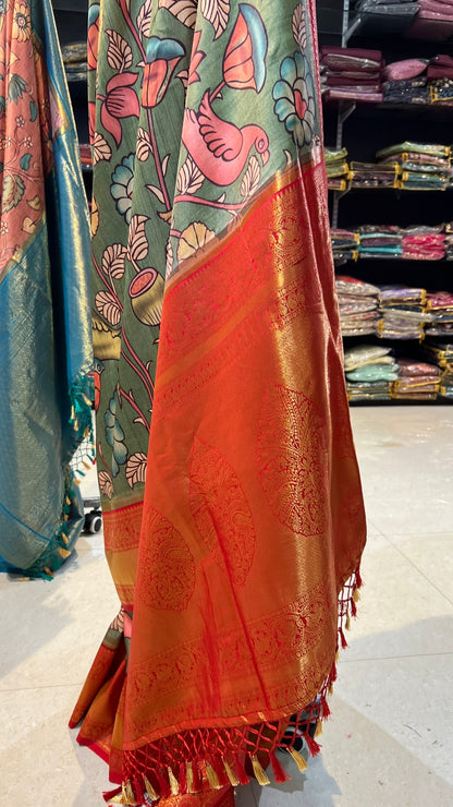 Green semi mulberry saree with zari worked blouse