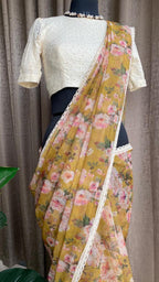 Fenu greek floral organza saree with half white embroidery blouse