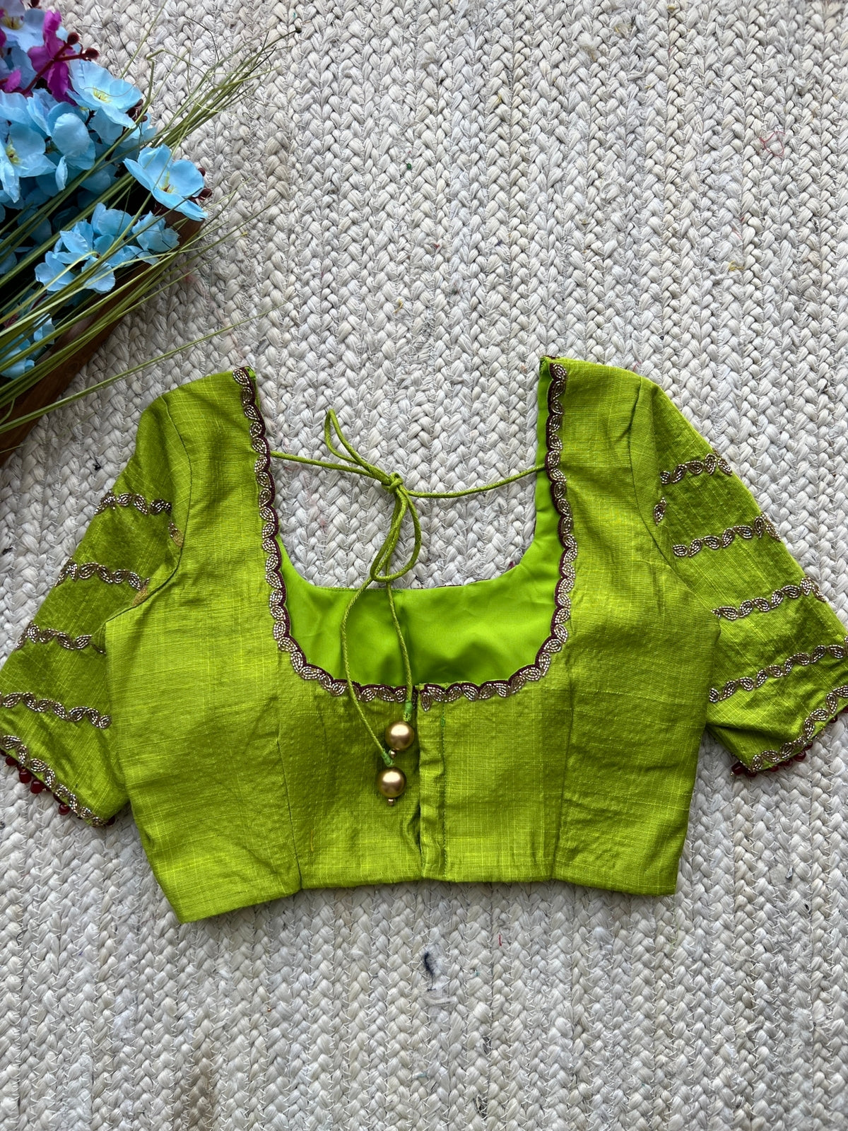 Parrot green silk hand worked blouse