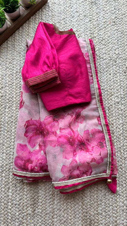 Half white pink floral organza saree with hand worked blouse