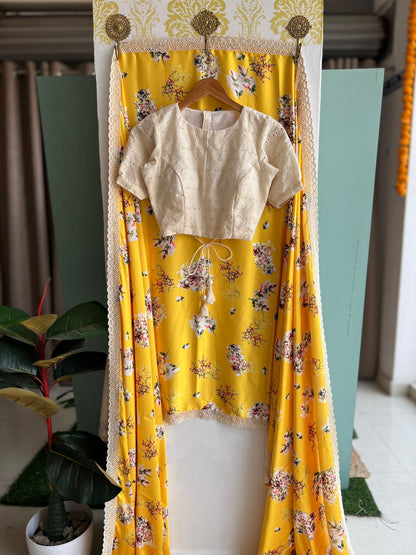 Yellow floral satin saree with embroidery worked blouse