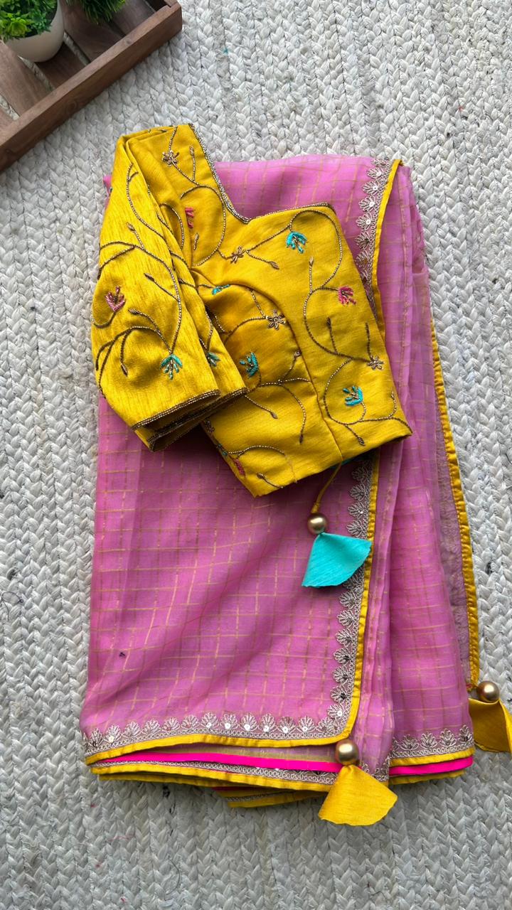 Pink checked organza saree with embroidery work blouse