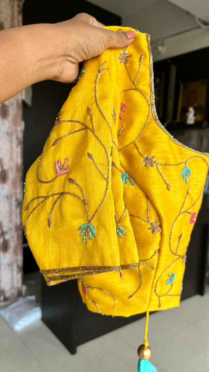 Yellow silk heavy hand work blouse (only blouse)