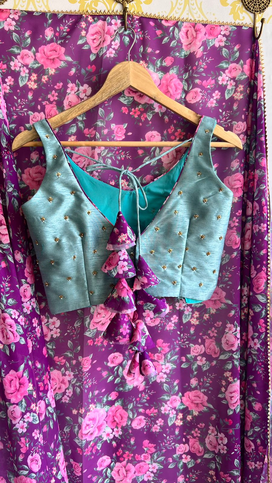 Purple floral georgette saree with hand worked blouse