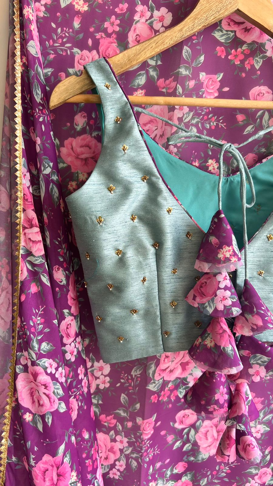 Purple floral georgette saree with hand worked blouse