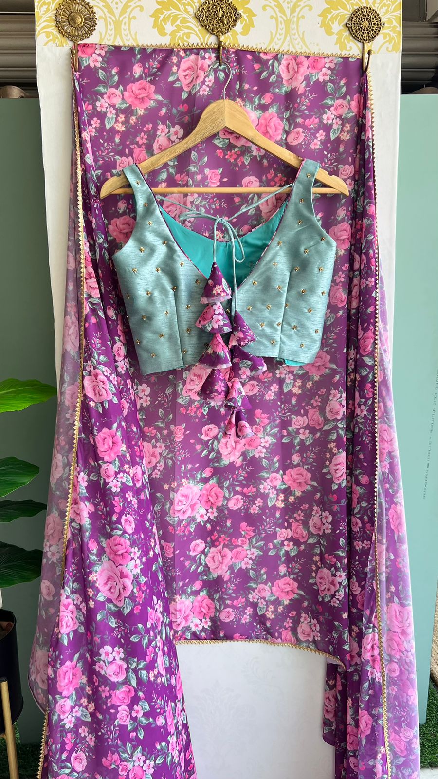 Purple floral georgette saree with hand worked blouse
