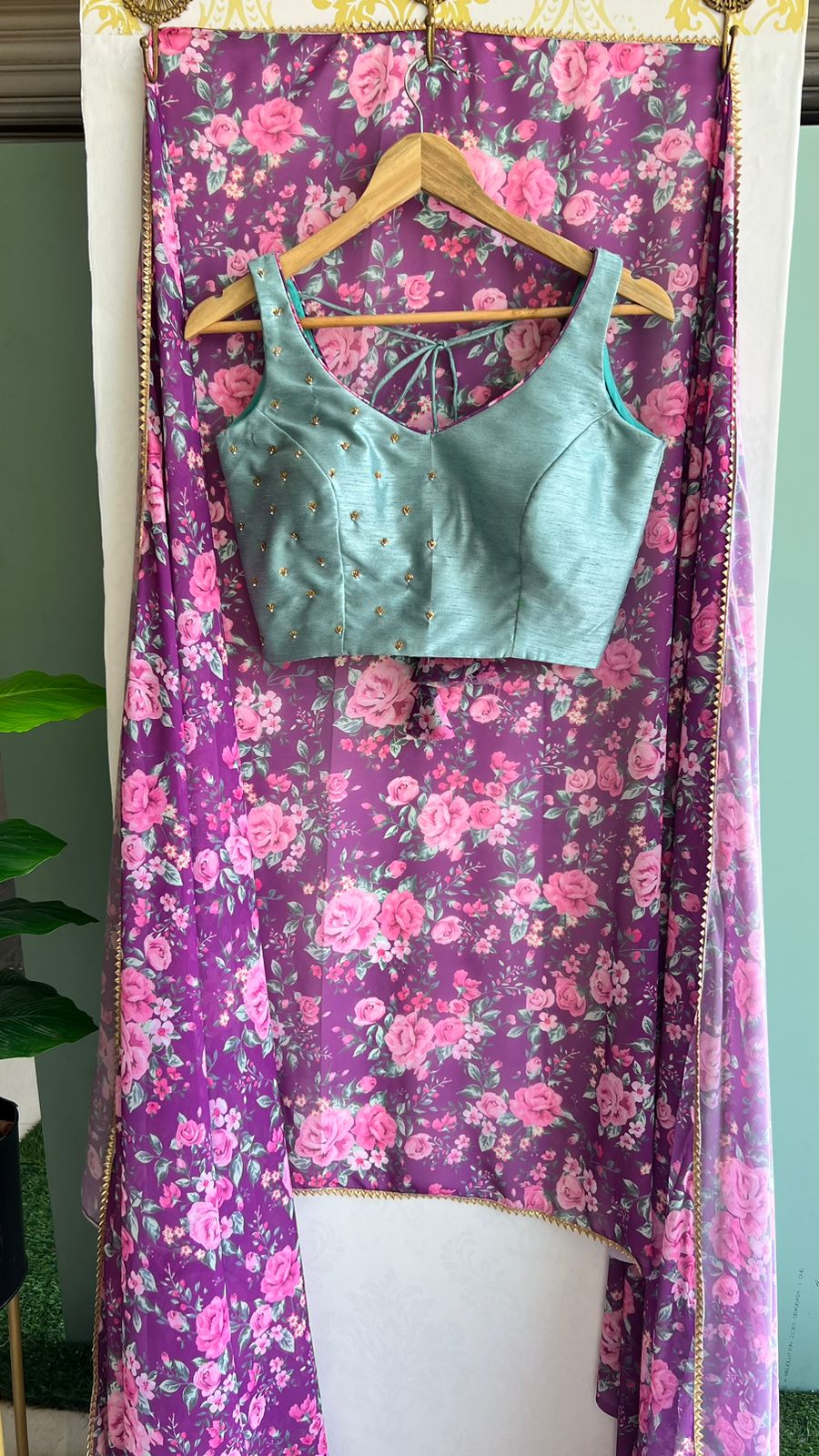 Purple floral georgette saree with hand worked blouse