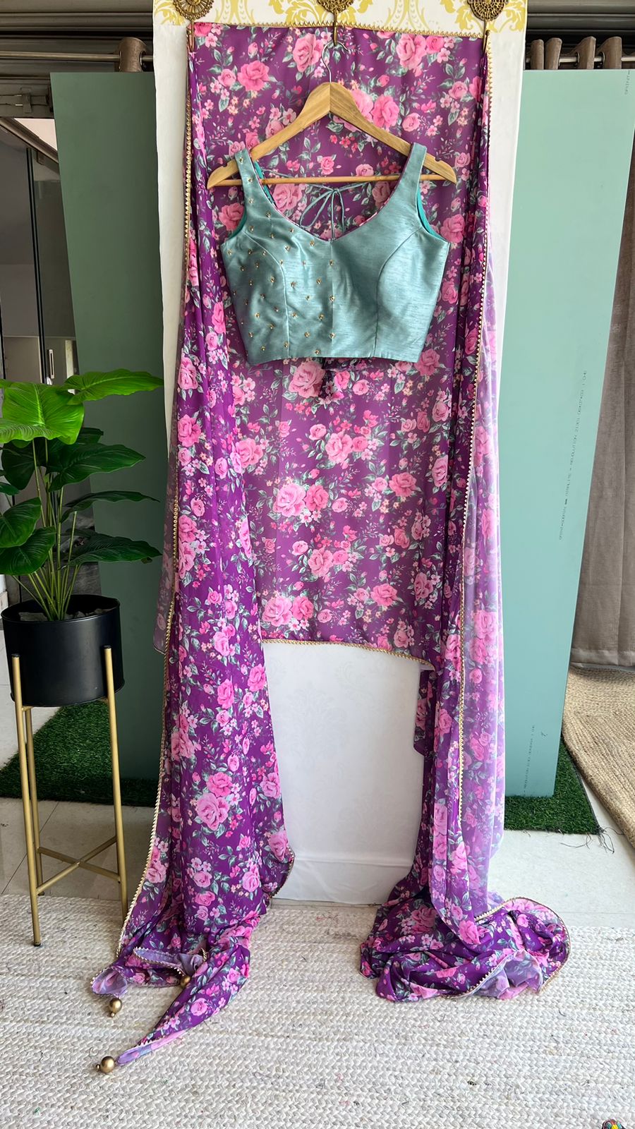 Purple floral georgette saree with hand worked blouse