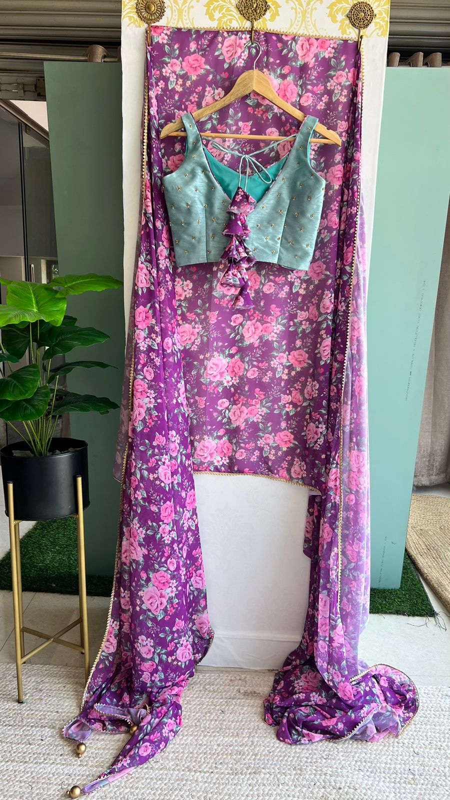 Purple floral georgette saree with hand worked blouse