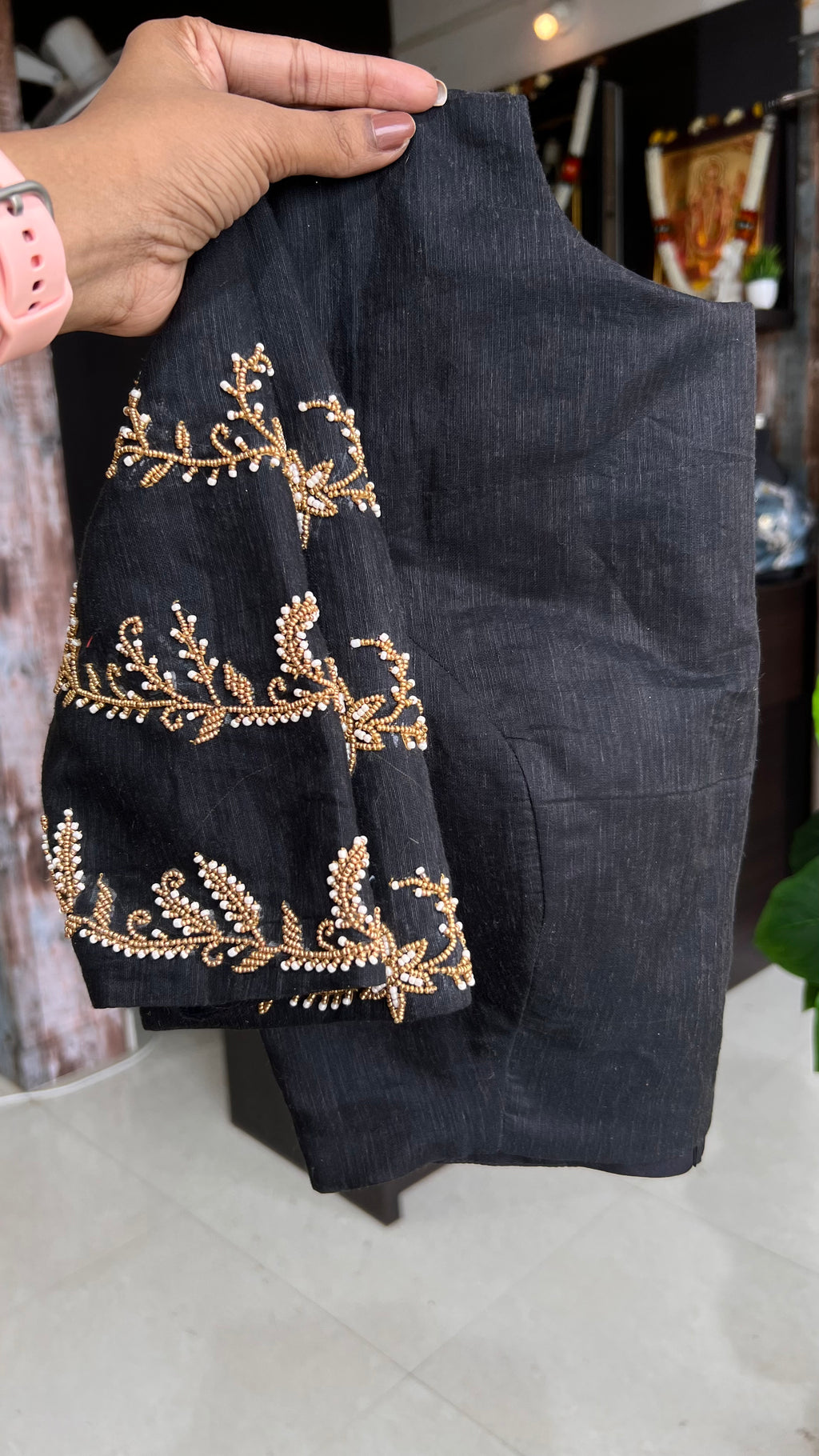 Black and gold chanderi silk saree with Aari worked blouse - Threads
