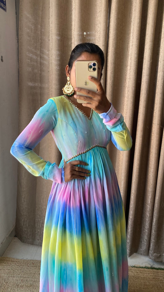 Rainbow floral georgette full length kurti dress