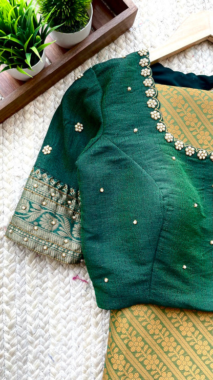 (Free full draping ) Green chanderi silk saree with hand worked blouse