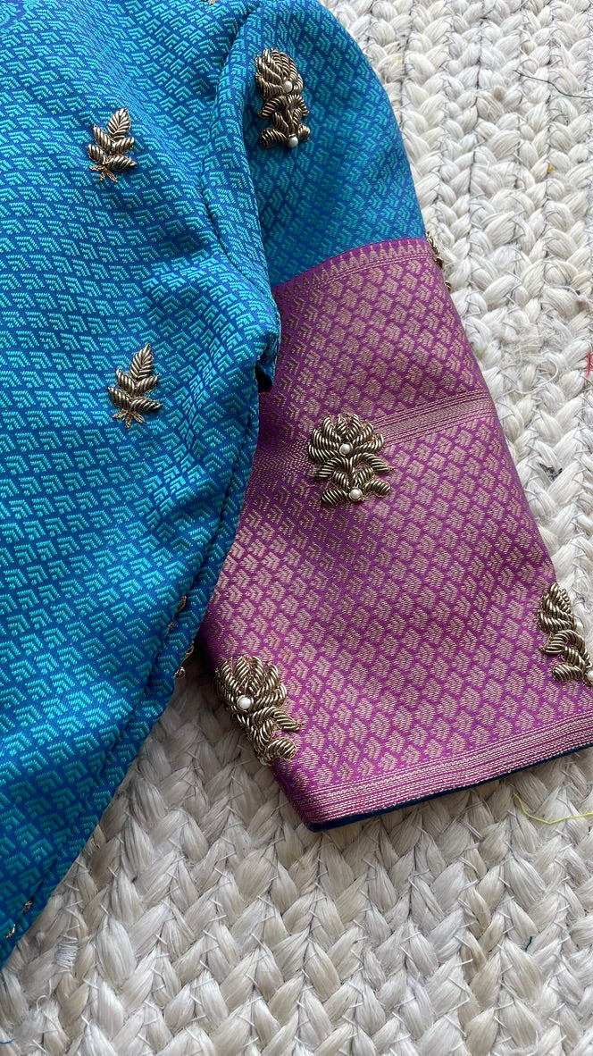 Blue casual silk saree with hand worked blouse