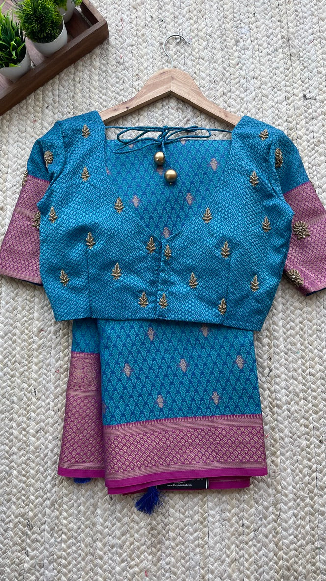 Blue casual silk saree with hand worked blouse