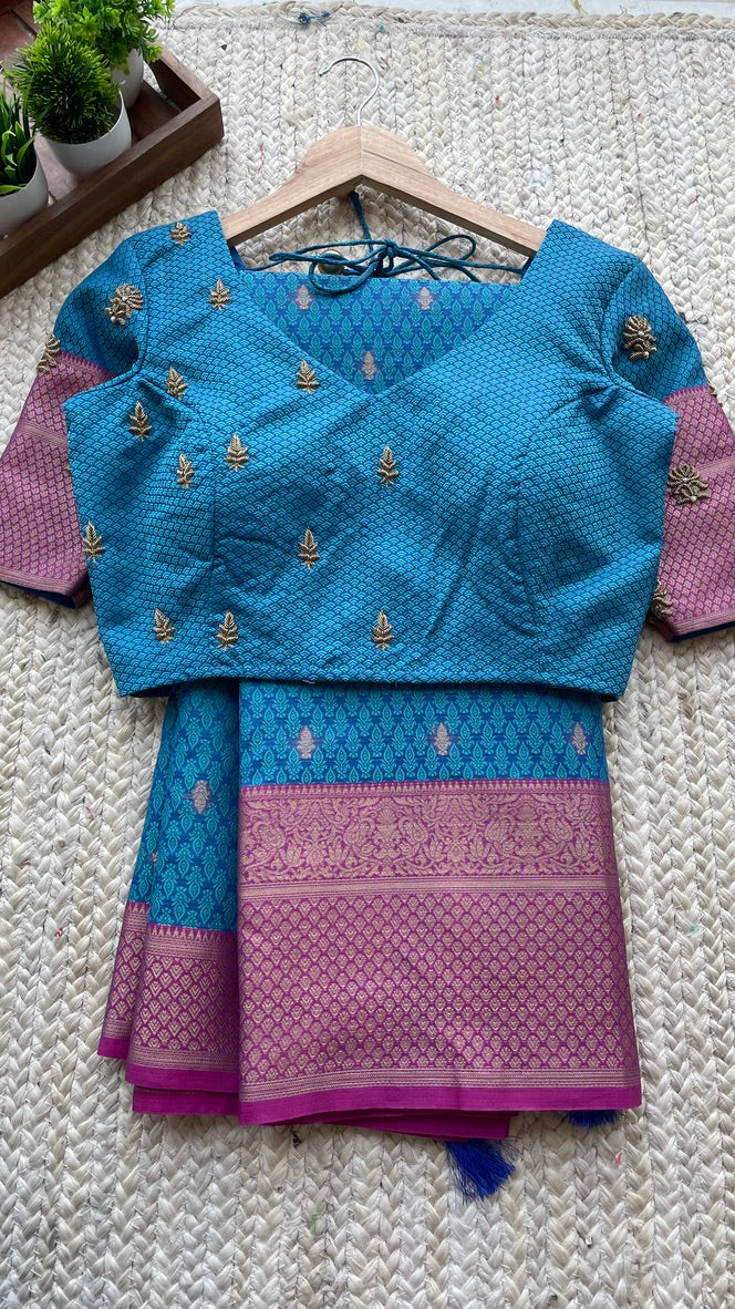 Blue casual silk saree with hand worked blouse