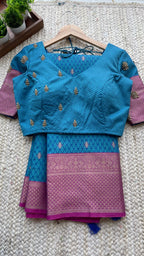 Blue casual silk saree with hand worked blouse