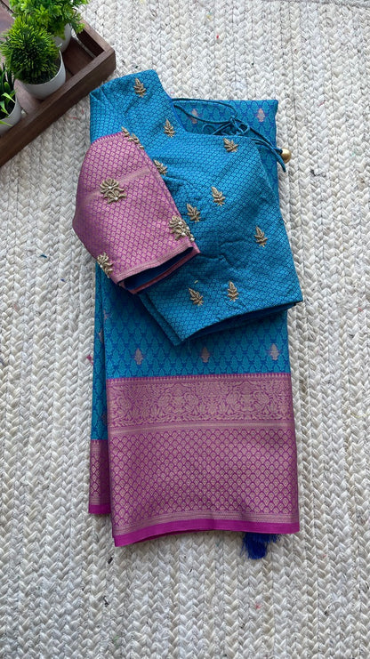 (Free full draping ) Blue casual silk saree with hand worked blouse