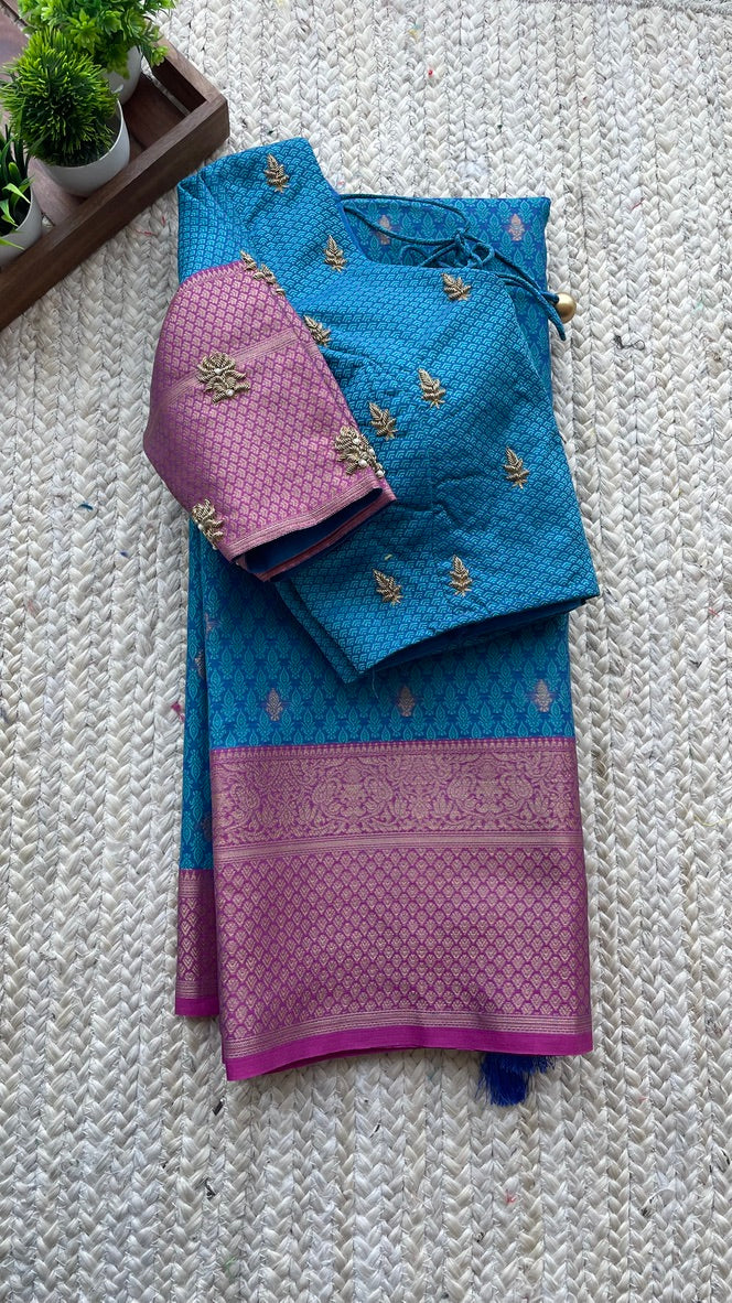 Blue casual silk saree with hand worked blouse