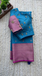 Blue casual silk saree with hand worked blouse
