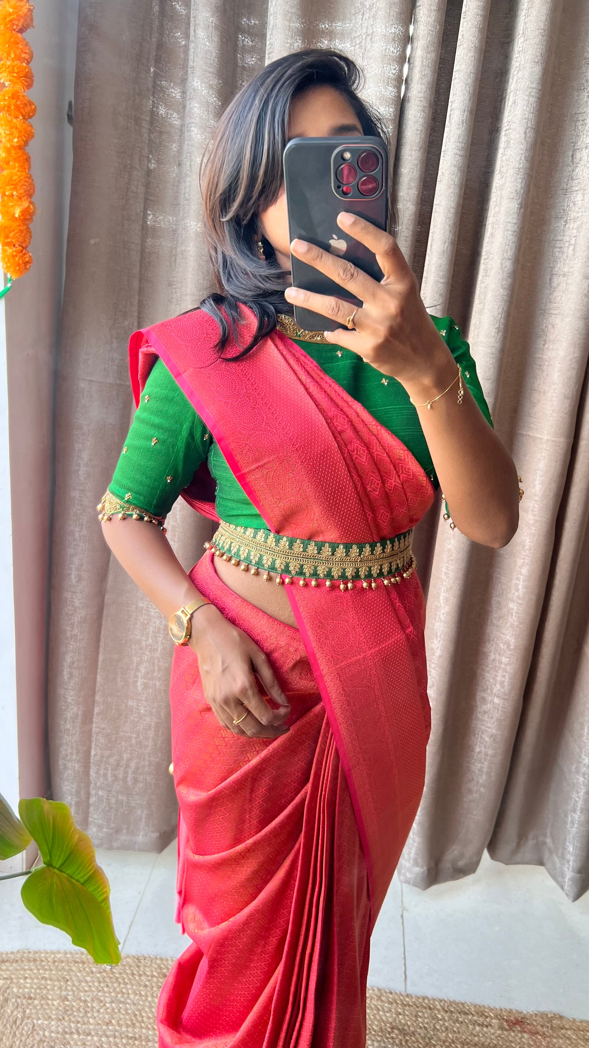(Free full draping )Orange and green soft silk saree with aari worked blouse