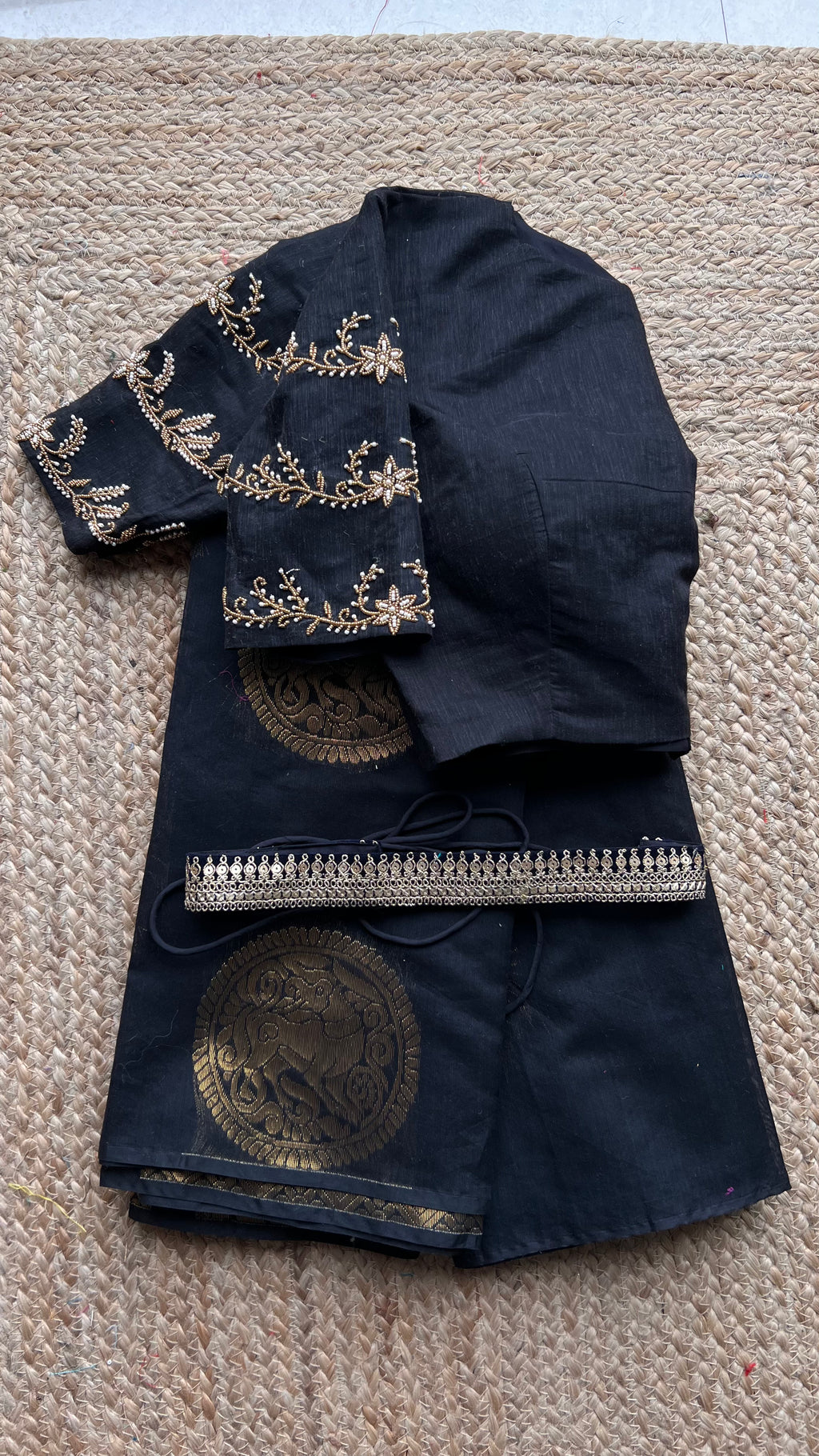 Black and gold chanderi silk saree with Aari worked blouse - Threads