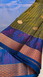 Mehandi green blue semi silk saree with blouse - Threads