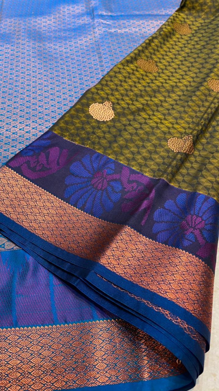 Mehandi green blue semi silk saree with blouse - Threads