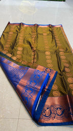 Mehandi green deep blue semi silk saree with blouse - Threads