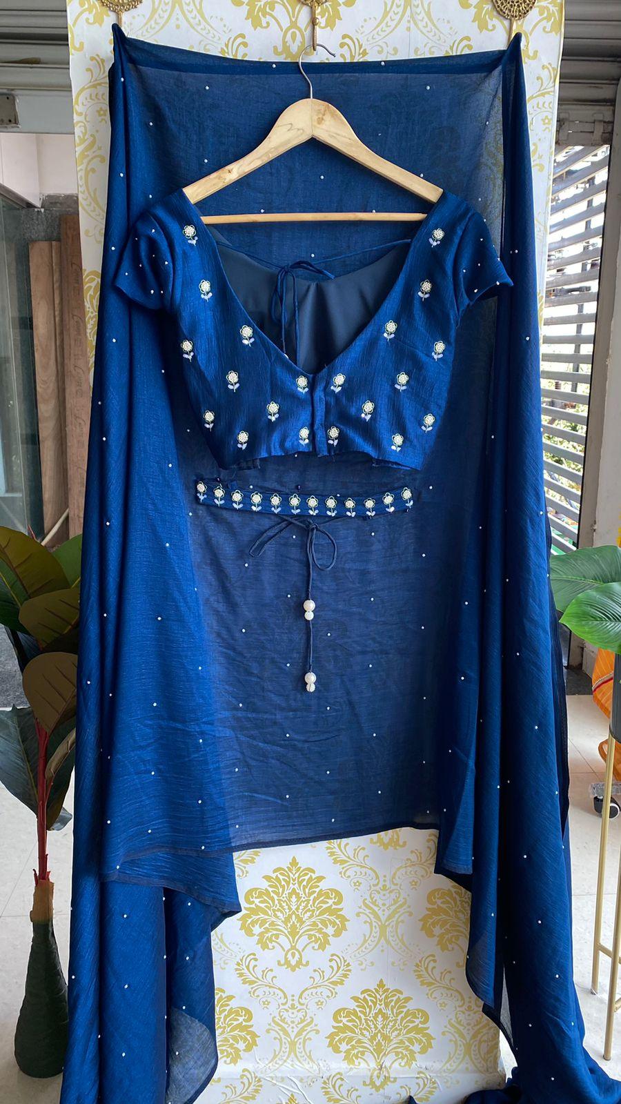 Deep blue marble silk saree with hand worked saree - Threads