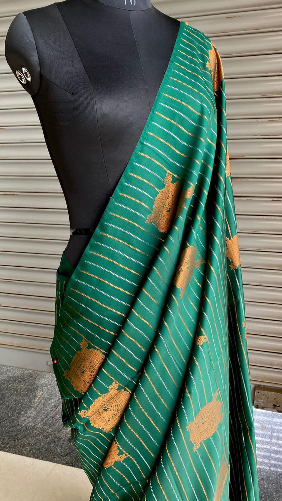 Bottle green and orange Silk saree with blouse - Threads