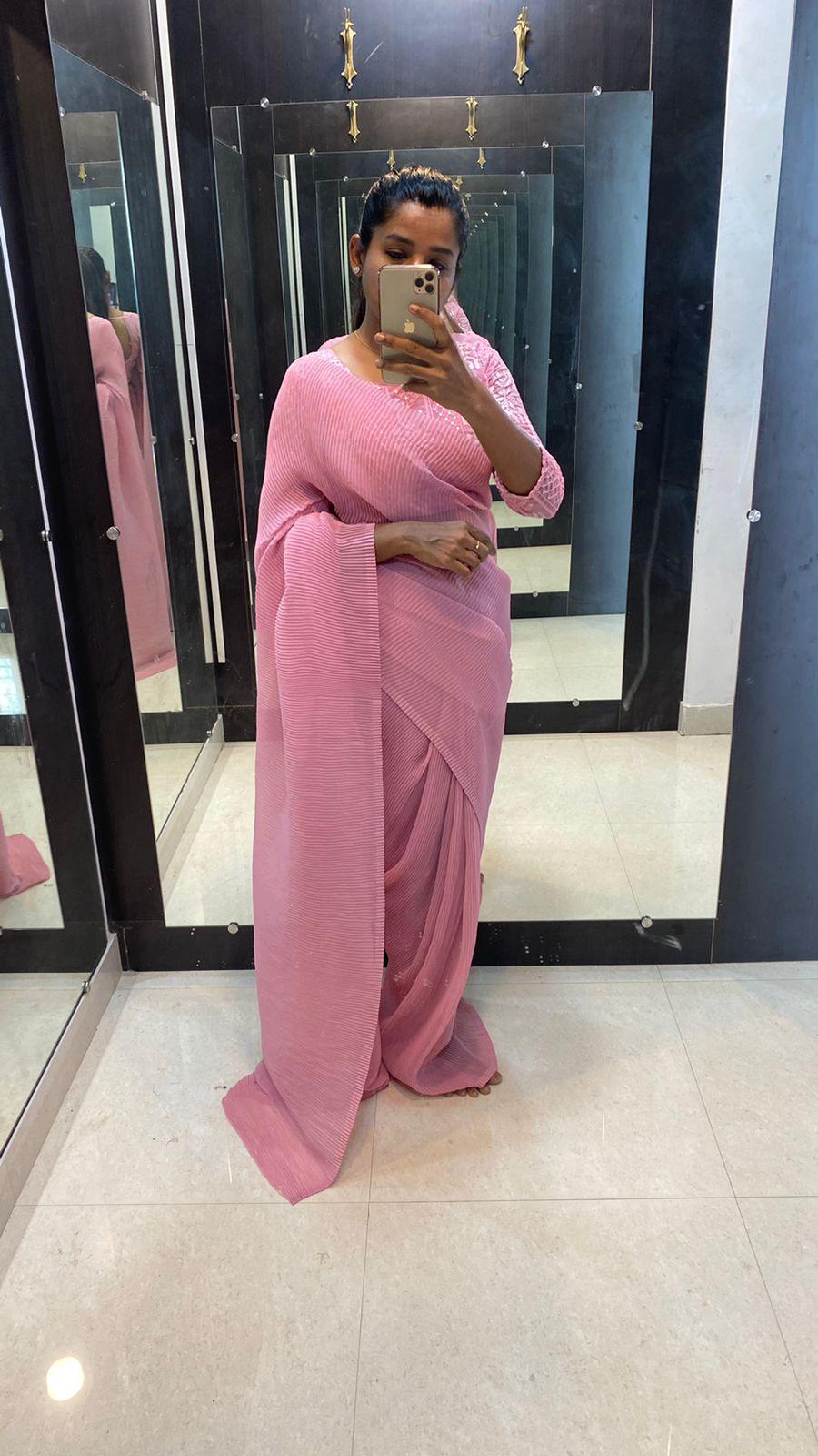 Onion Pink crushed saree with ready to wear Blouse - Threads