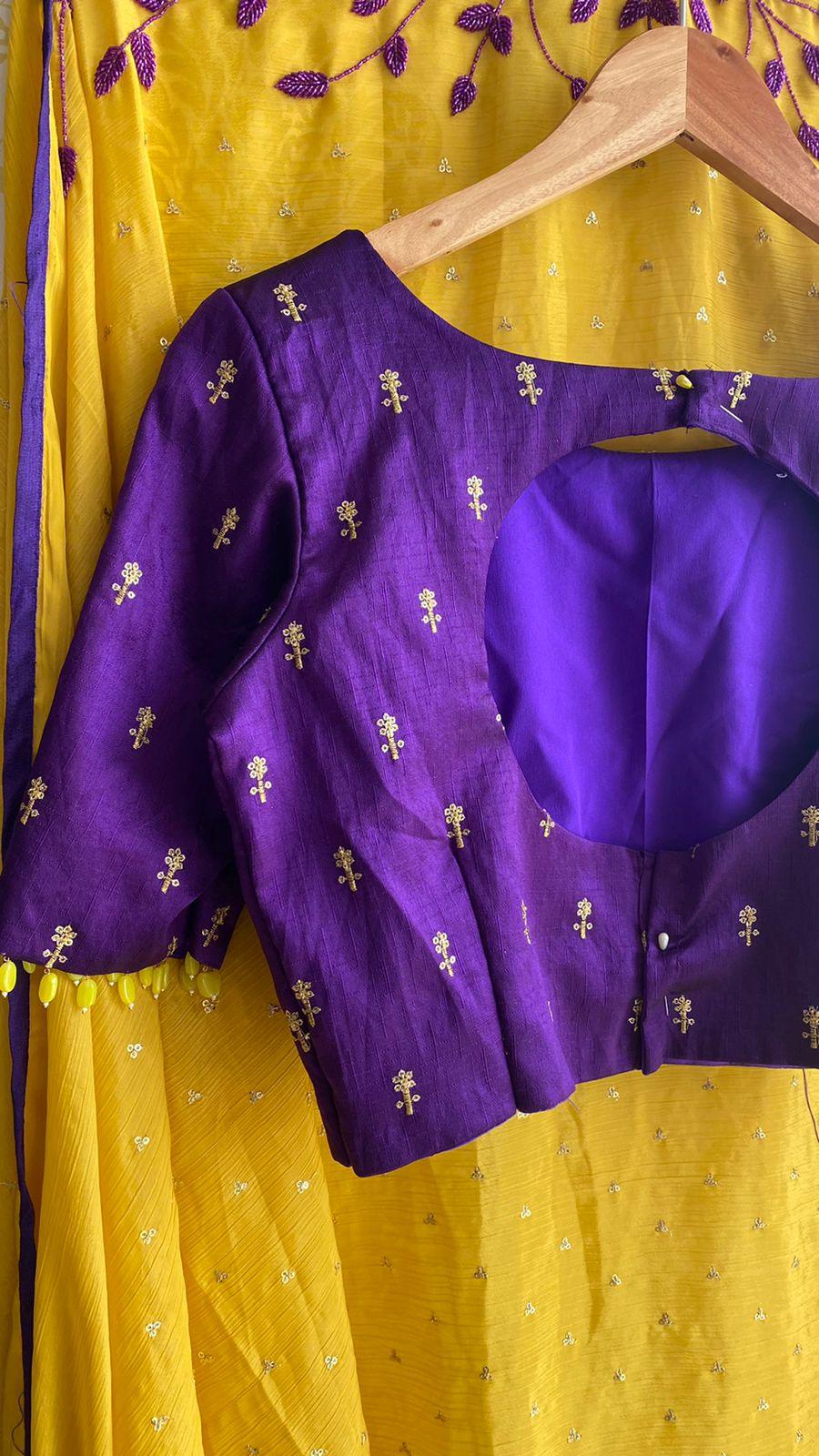 Yellow & Purple Saree With Blouse | Yellow blouse designs, New saree blouse  designs, Fancy blouse designs