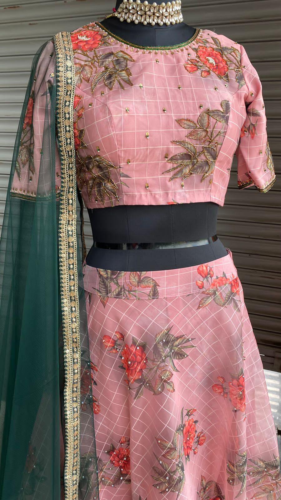 Peach Floral organza embroidery hand worked lehenga - Threads