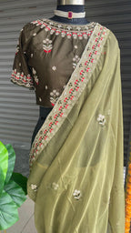 Mehandi green organza saree with silk embroidery blouse - Threads