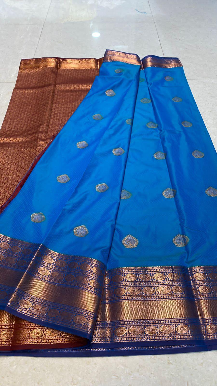 Sea blue silk saree with blouse - Threads