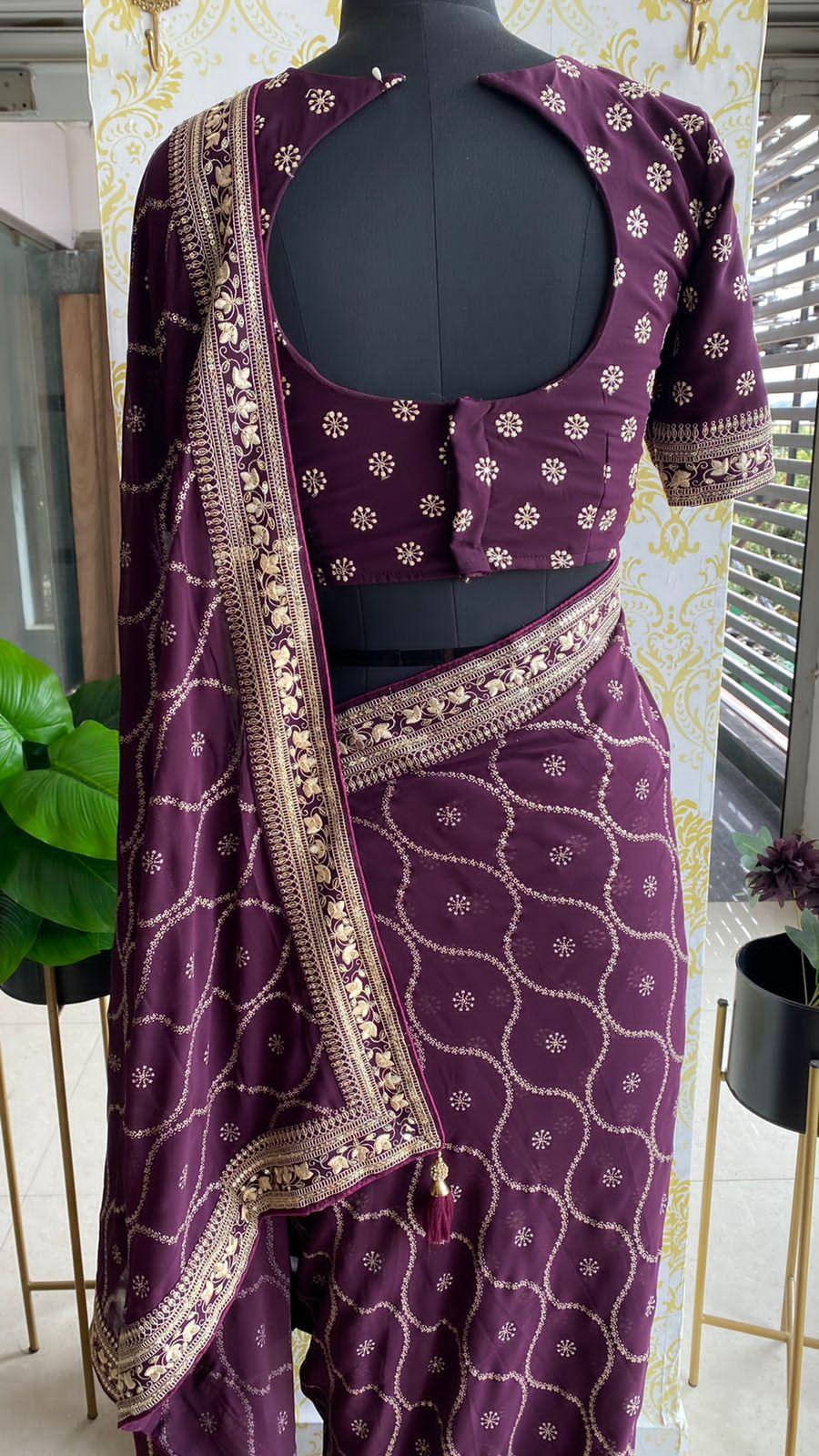 Wine georgette saree with embroidery worked Blouse - Threads