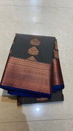 Dual shaded grey and blue silk saree with blouse - Threads