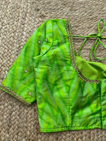 Lime yellow and green ikkat hand worked blouse - Threads