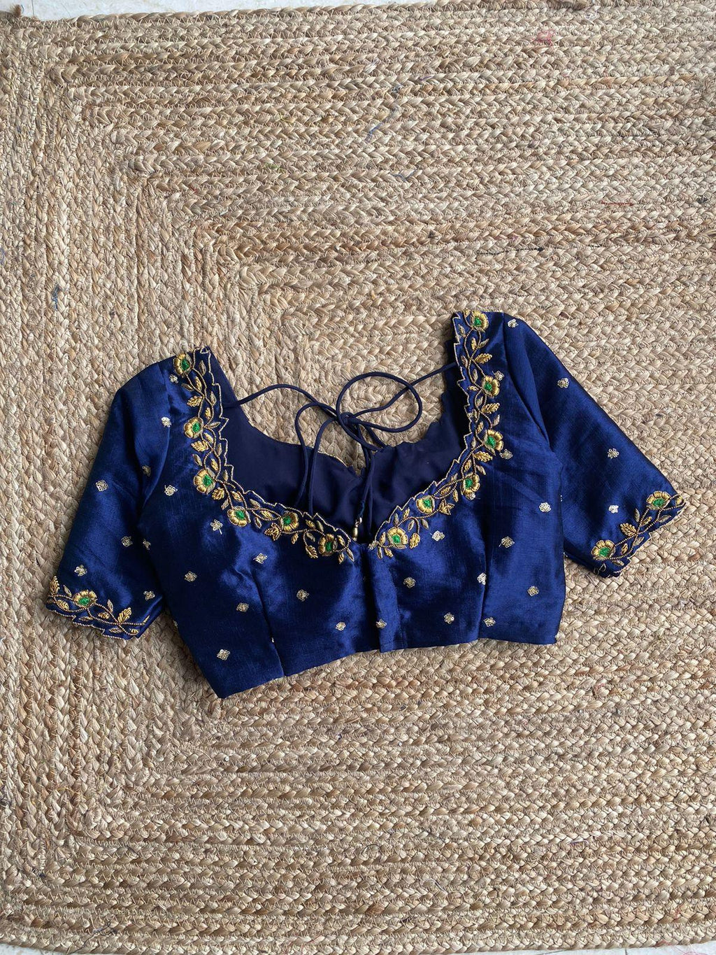 Midnight blue silk embroidery hand worked blouse - Threads