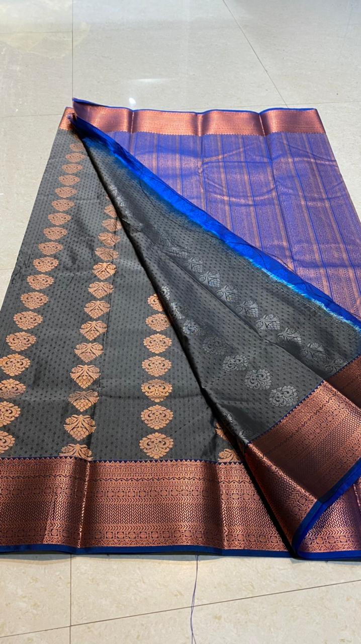 Dual shaded grey and blue silk saree with blouse - Threads