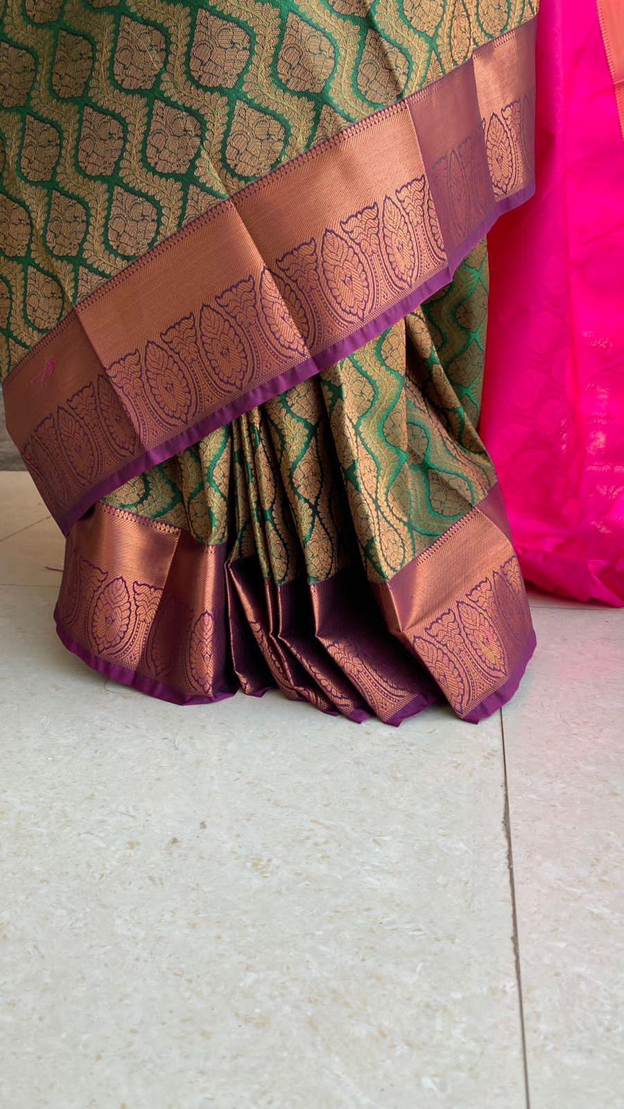 Banarasi  green and pink silk saree with blouse