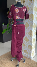 Wine georgette saree with organza hand worked blouse - Threads