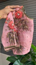 Peach Floral organza embroidery hand worked lehenga - Threads