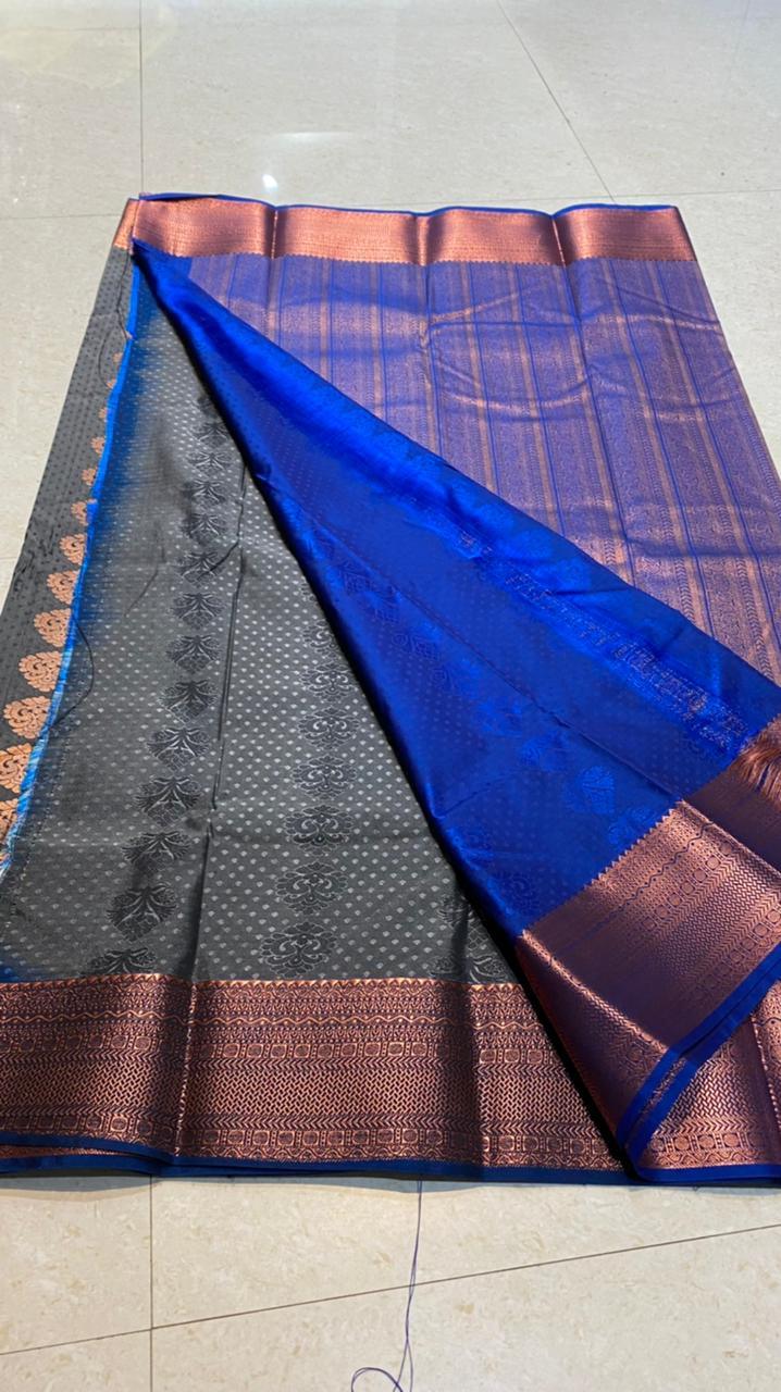 Dual shaded grey and blue silk saree with blouse - Threads