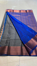 Dual shaded grey and blue silk saree with blouse - Threads