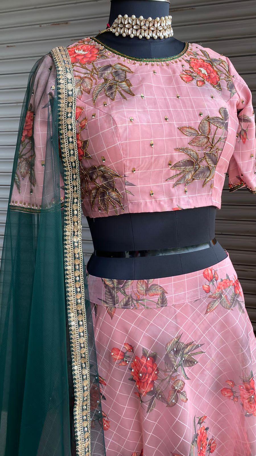 Peach Floral organza embroidery hand worked lehenga - Threads