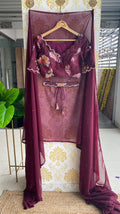 Wine georgette saree with organza hand worked blouse - Threads