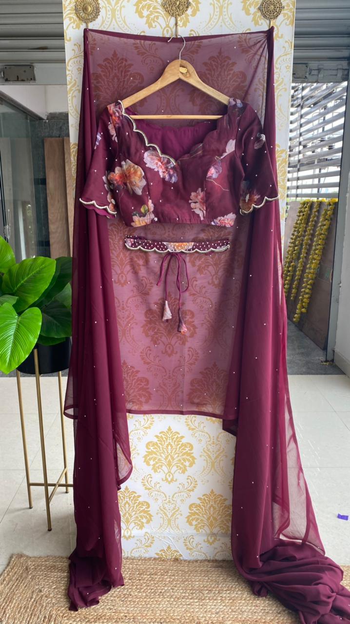 Wine georgette saree with organza hand worked blouse - Threads