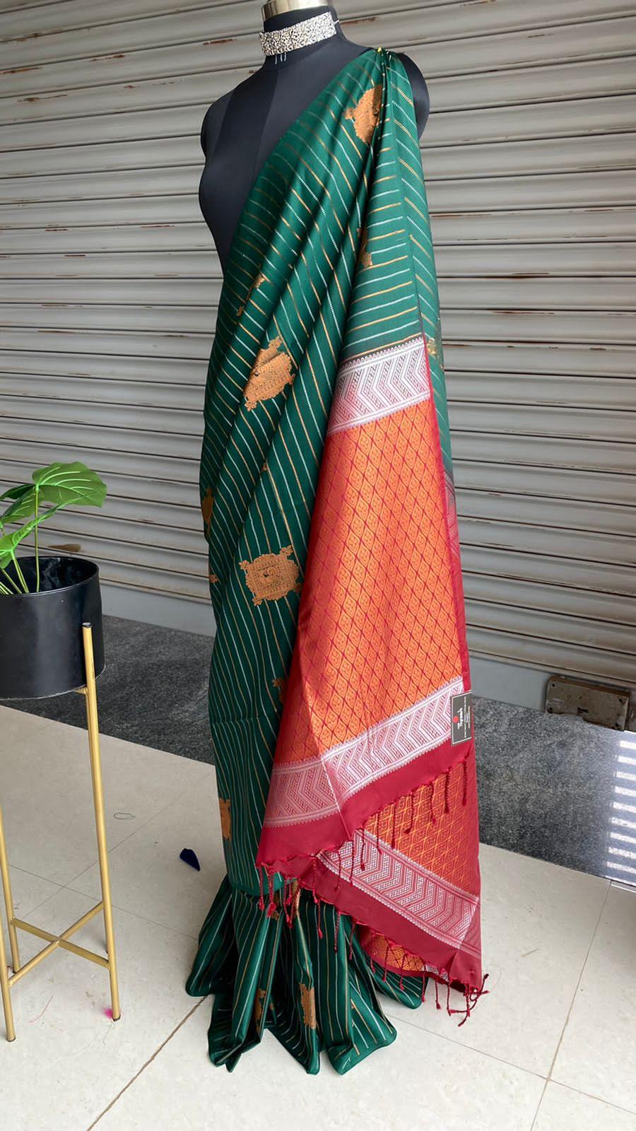 Bottle green and orange Silk saree with blouse - Threads